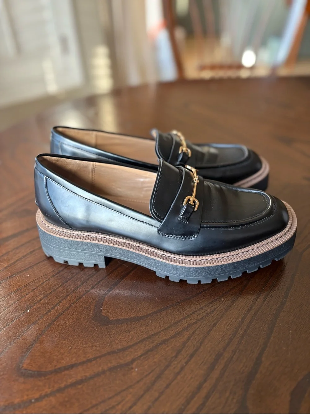 Sam Edelman Black Leather Lug Sole Loafers with Gold Bit - Picture 2 of 6